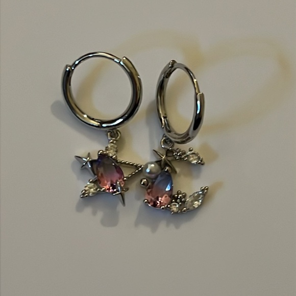 Silver Hoop Earrings with Pink Gemstones - Picture 2 of 4